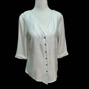 𝅺nwt💙black Tape White Button Front Blouse Top V-Neck Size S